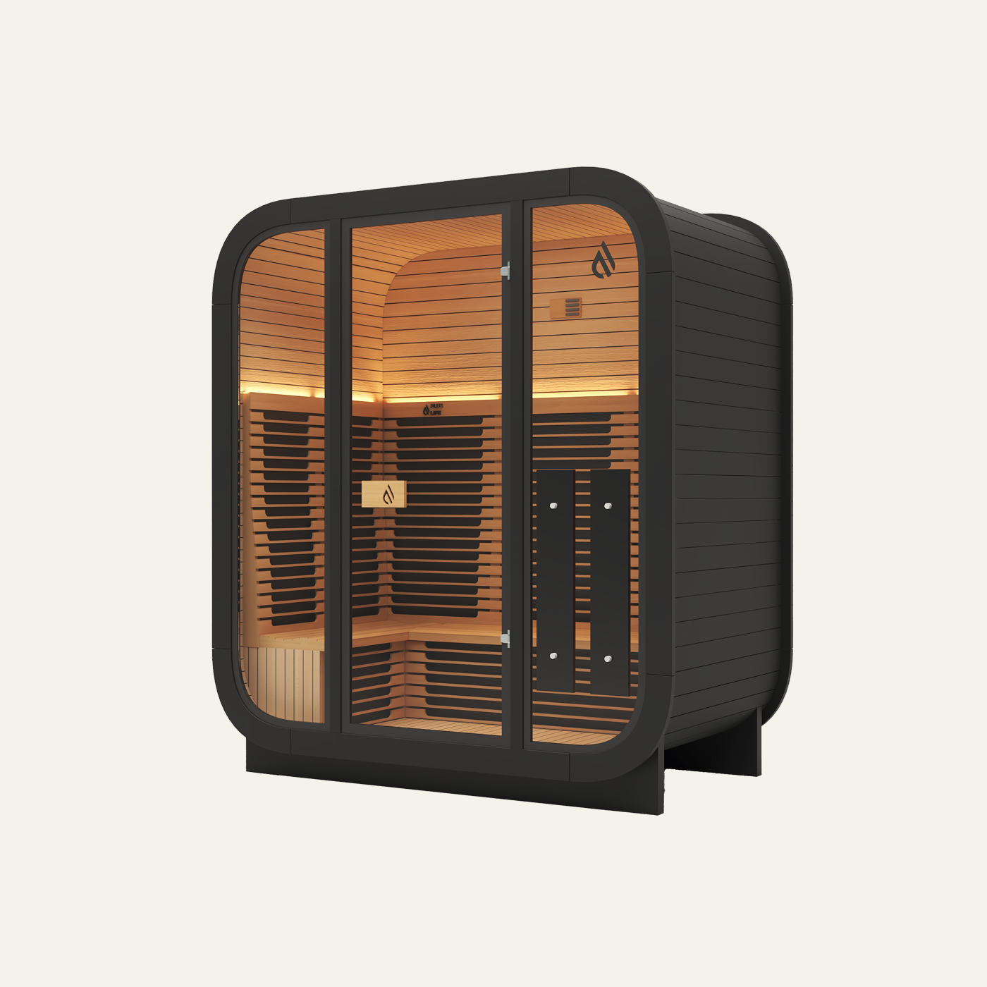 PlusLife Max Infrared Full Spectrum sauna, black cabin with a wide glass front and a light timber interior