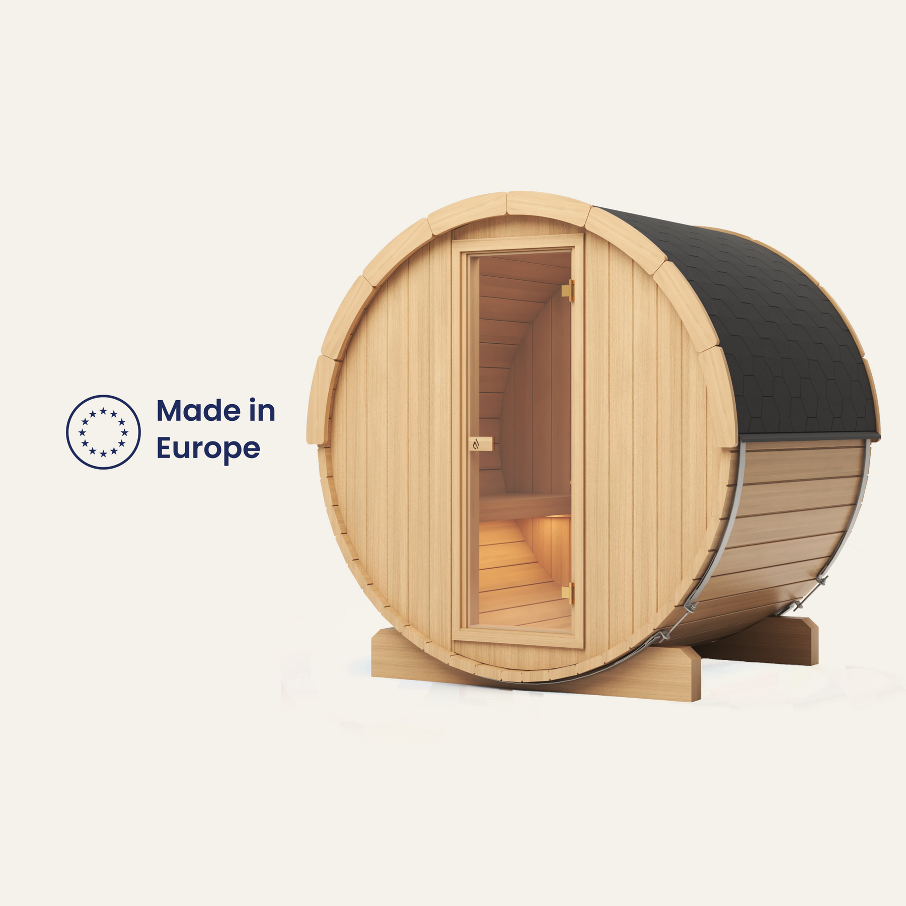 PlusLife Arc Barrel outdoor sauna in dark-stained timber